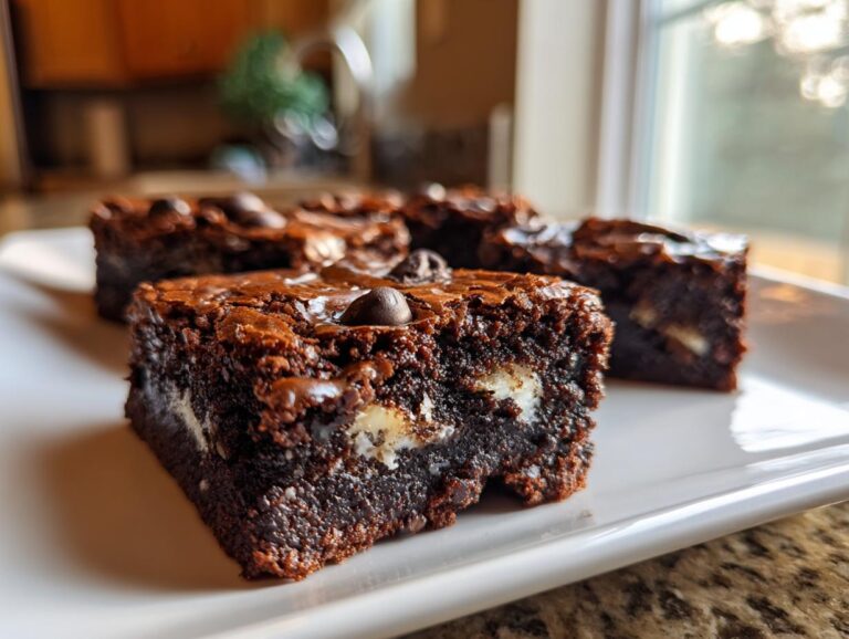 Close-up of a fudgy oreo brownie square showing the chewy texture and white cream filling inside.