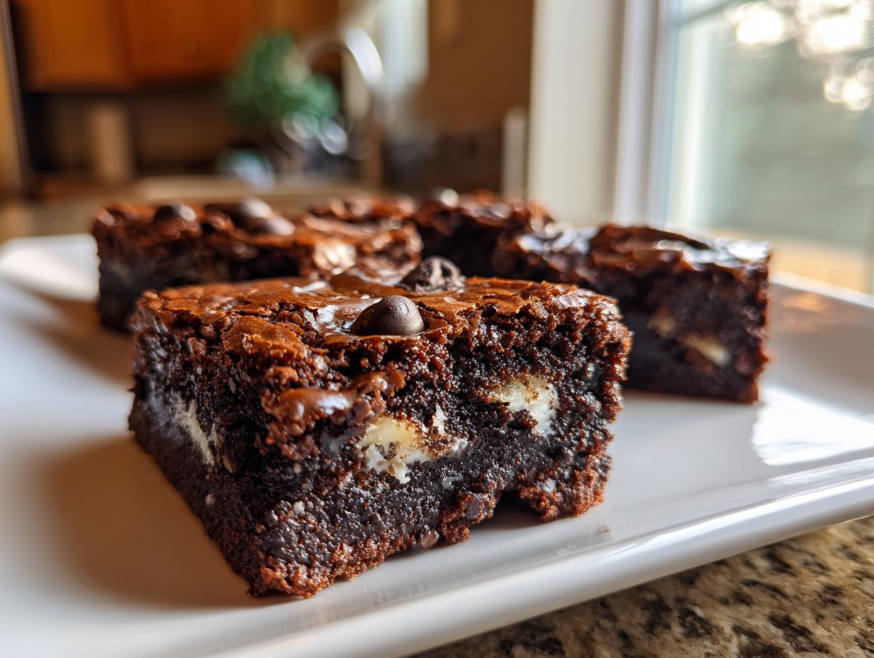 Close-up of a fudgy oreo brownie square showing the chewy texture and white cream filling inside.