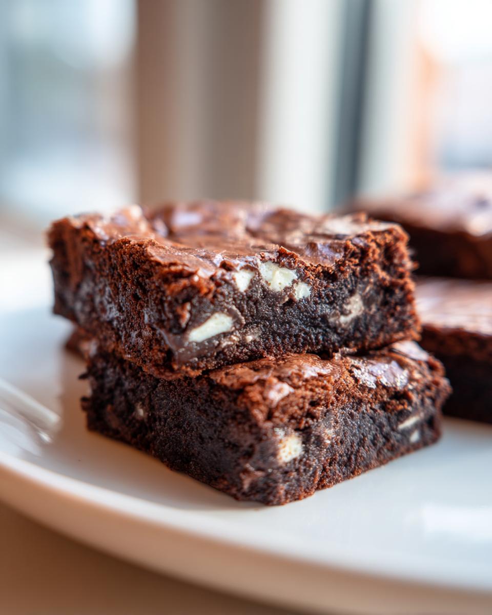 Close-up of two fudgy oreo brownies stacked, showing white cookie pieces inside the rich chocolate.