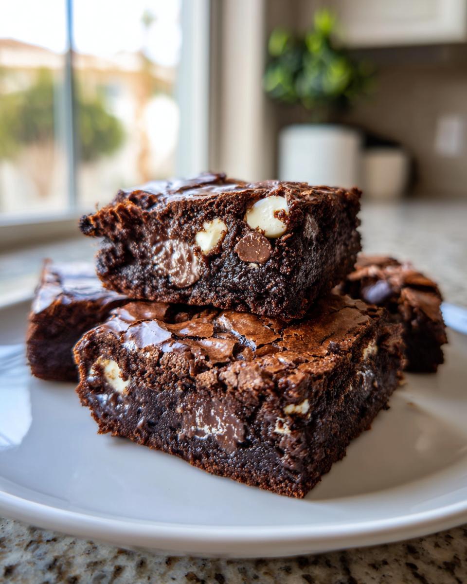 Close-up of fudgy oreo brownies stacked on a white plate, showing chocolate chips and a glossy top.