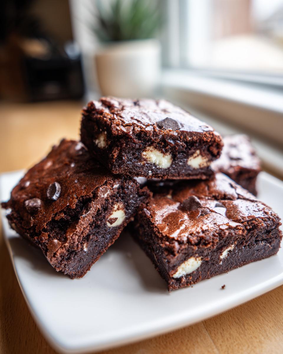 Close-up of stacked, fudgy oreo brownies with visible white filling chunks on a white plate.
