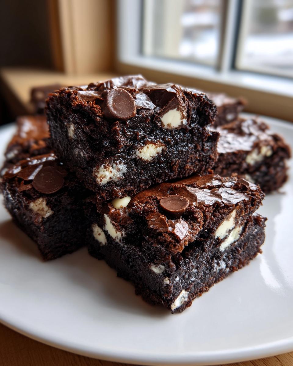 Close-up of stacked, fudgy oreo brownies featuring visible white cream filling chunks and chocolate chips.