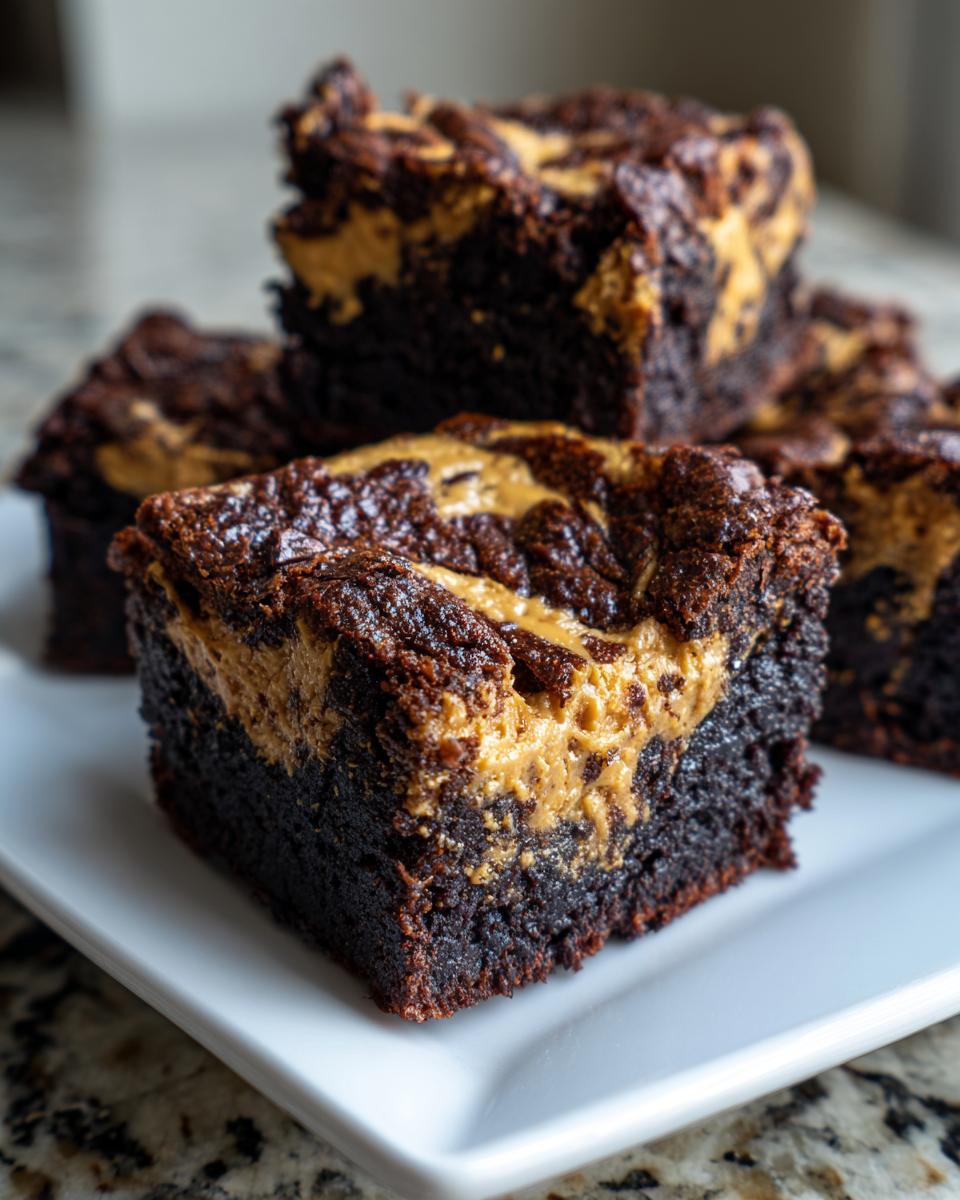 Close-up of fudgy peanut butter swirl brownies stacked on a white square plate, showing the rich dark chocolate base and creamy swirl.
