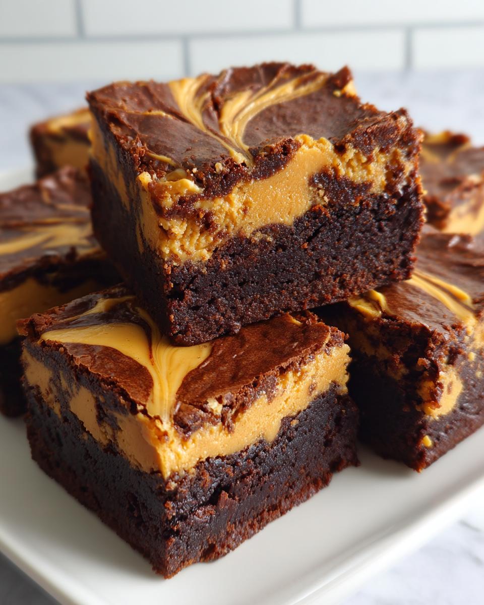Close-up of stacked, fudgy peanut butter swirl brownies showing a thick peanut butter layer and chocolate base.