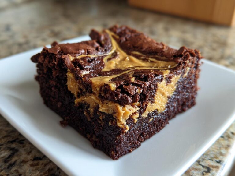 A close-up of a fudgy peanut butter swirl brownies square served on a white plate.