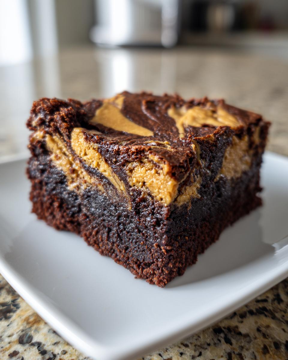 Close-up of a fudgy peanut butter swirl brownies square served on a white plate.