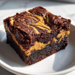 A fudgy, thick square of peanut butter swirl brownies sitting on a white plate, showing a distinct peanut butter layer.