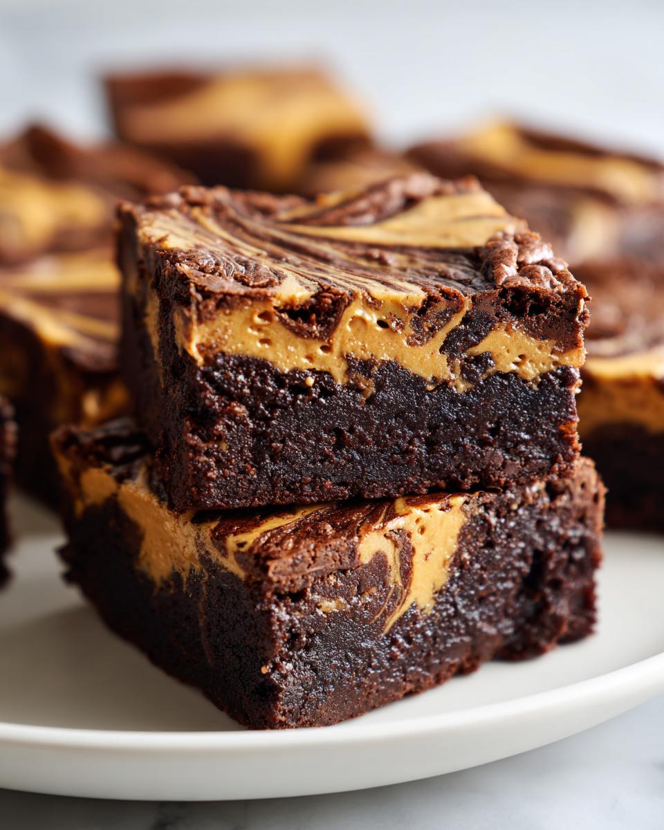 Two fudgy peanut butter swirl brownies stacked on a white plate, showing the rich chocolate base and creamy peanut butter topping.