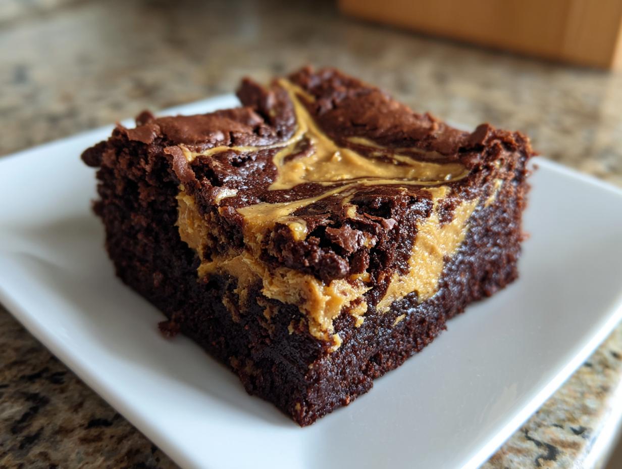 A close-up of a fudgy peanut butter swirl brownies square served on a white plate.