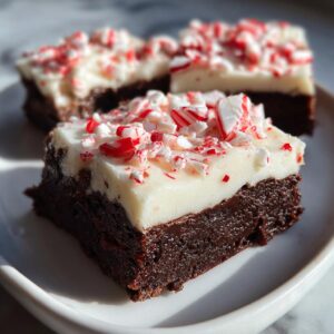 Close-up of a fudgy peppermint brownie square topped with thick white frosting and crushed candy canes.