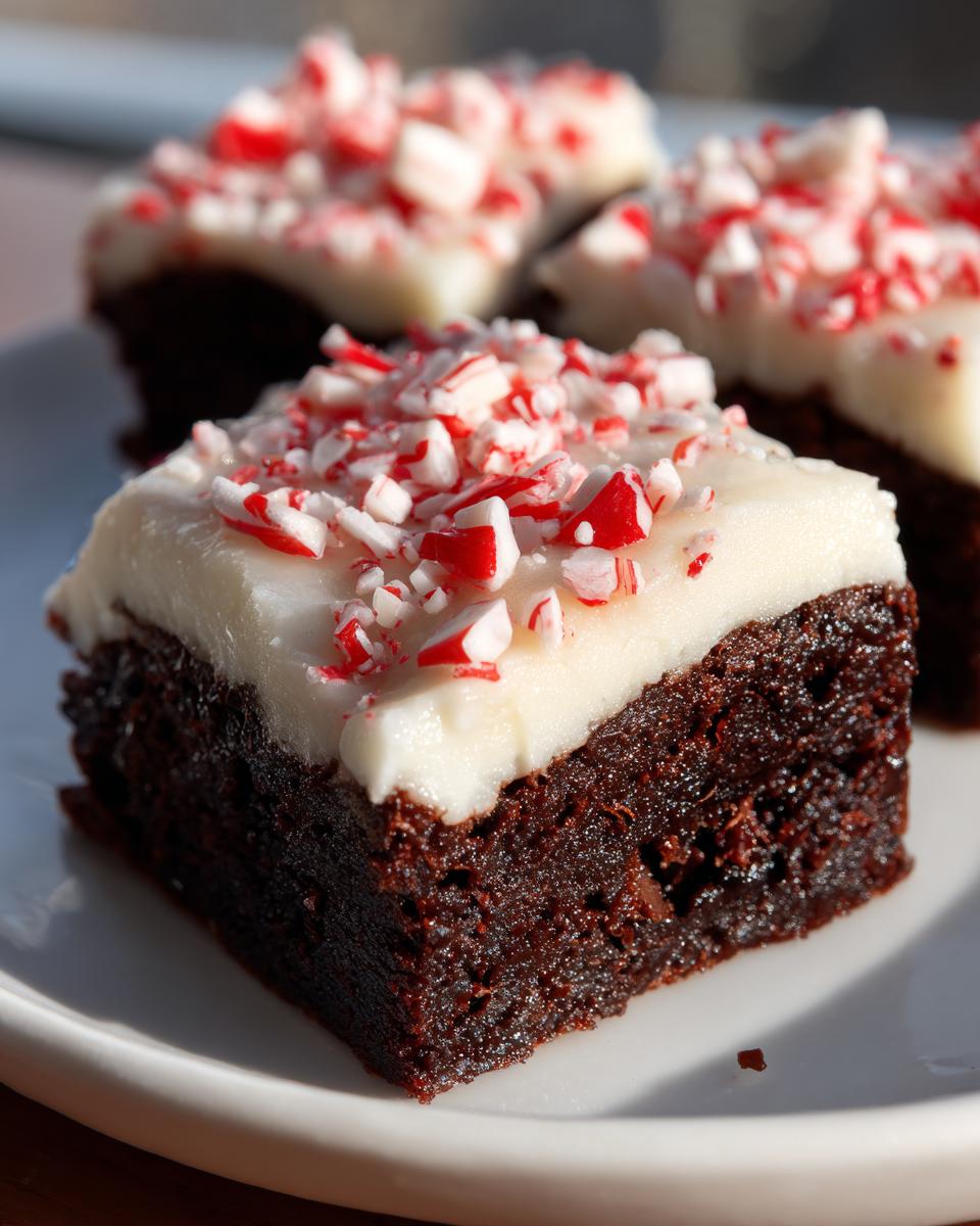 Close-up of a fudgy peppermint brownie square topped with white frosting and crushed candy canes.