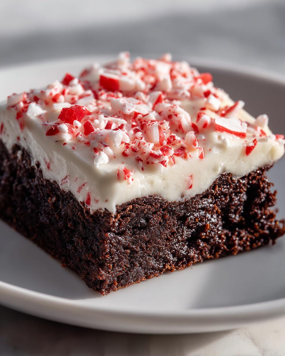 A close-up of a fudgy peppermint brownie topped with white frosting and crushed candy canes.
