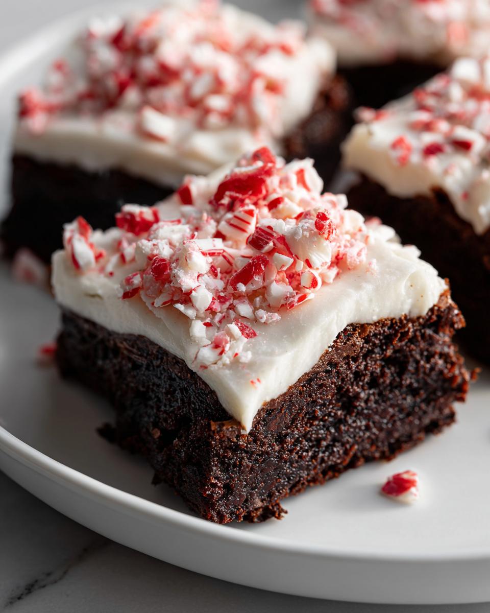 Close-up of a fudgy peppermint brownie square topped with thick white frosting and crushed candy canes.