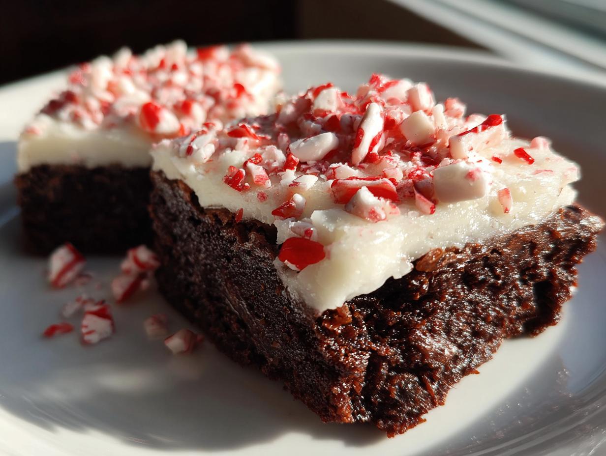 Close-up of two fudgy peppermint brownies topped with thick white frosting and crushed candy canes.