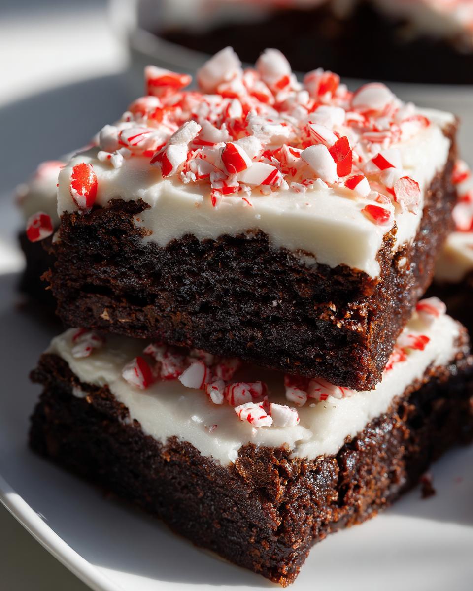Close-up of two stacked, fudgy peppermint brownies topped with white frosting and crushed candy canes.