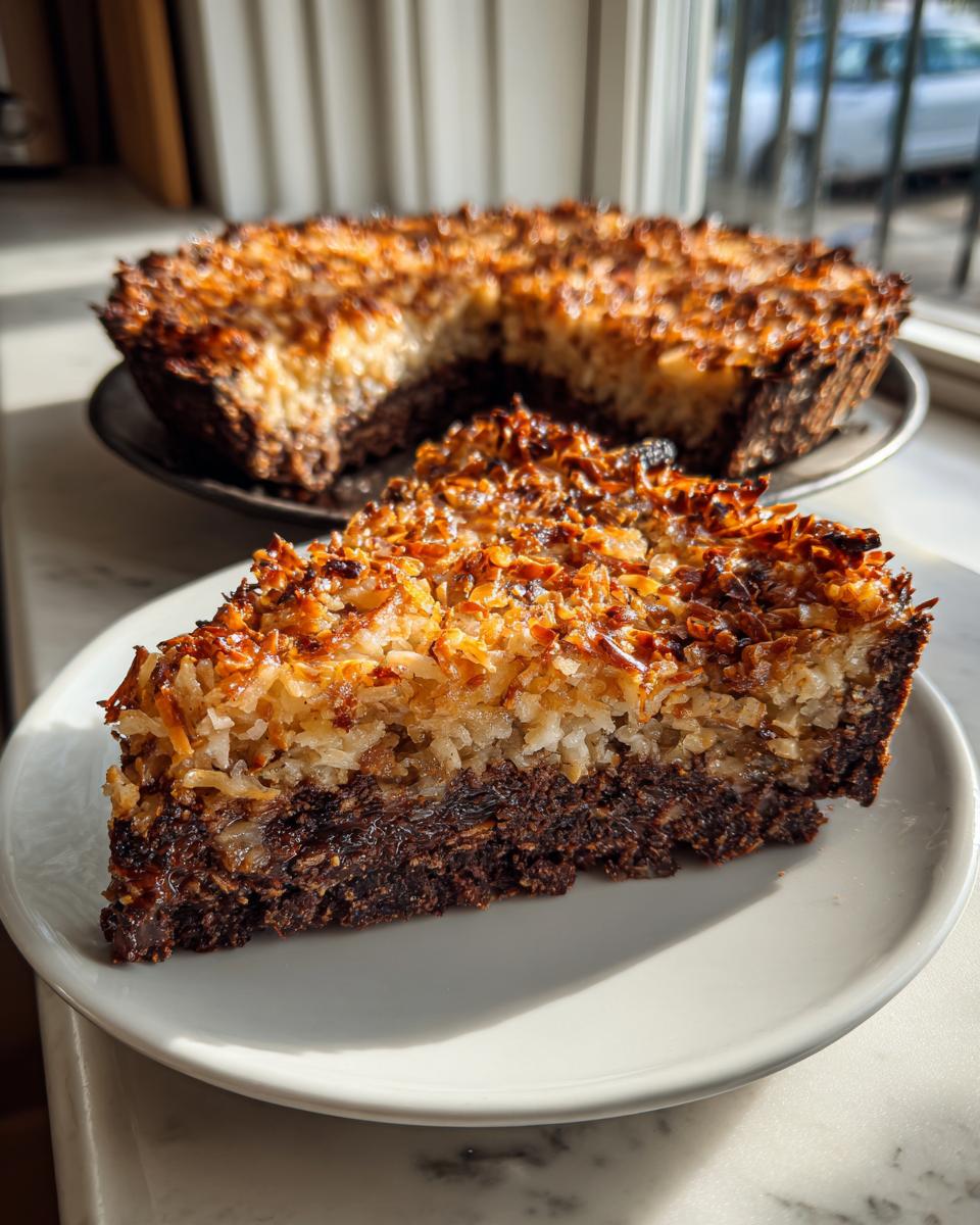 A close-up slice of German Chocolate Pie showing a dark chocolate base and a thick, toasted coconut pecan topping.
