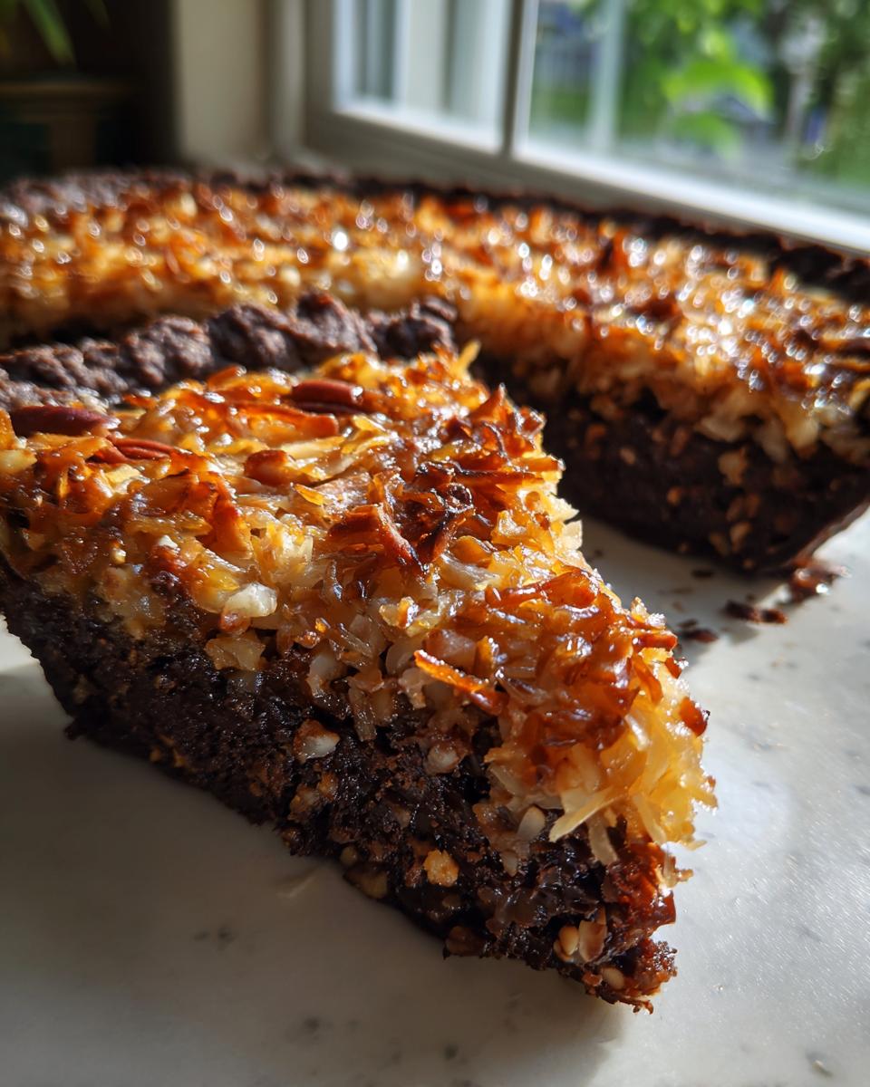 A close-up slice of German Chocolate Pie showing a rich dark chocolate base and a gooey, toasted coconut and pecan topping.