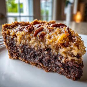 Close-up of a rich slice of german chocolate pie showing a dark chocolate base and a thick coconut-pecan topping.