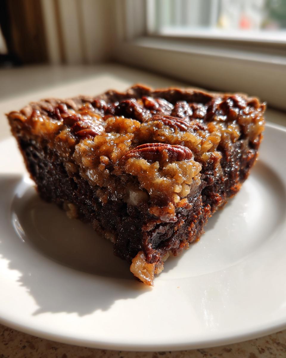 A close-up slice of rich German Chocolate Pie featuring a dark chocolate base and a gooey pecan topping.