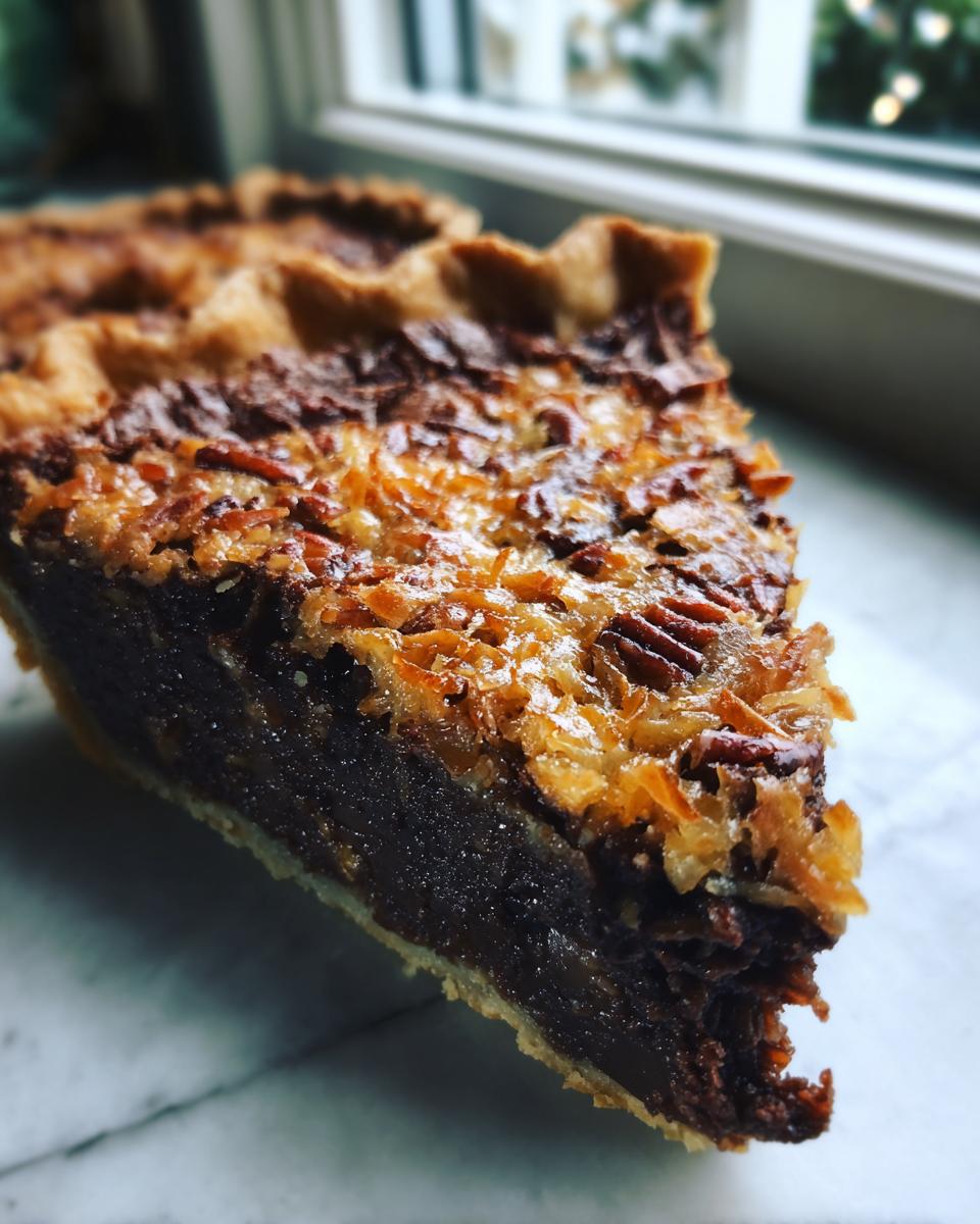 Close-up of a rich slice of German chocolate pie showing the dark filling and toasted coconut pecan topping.