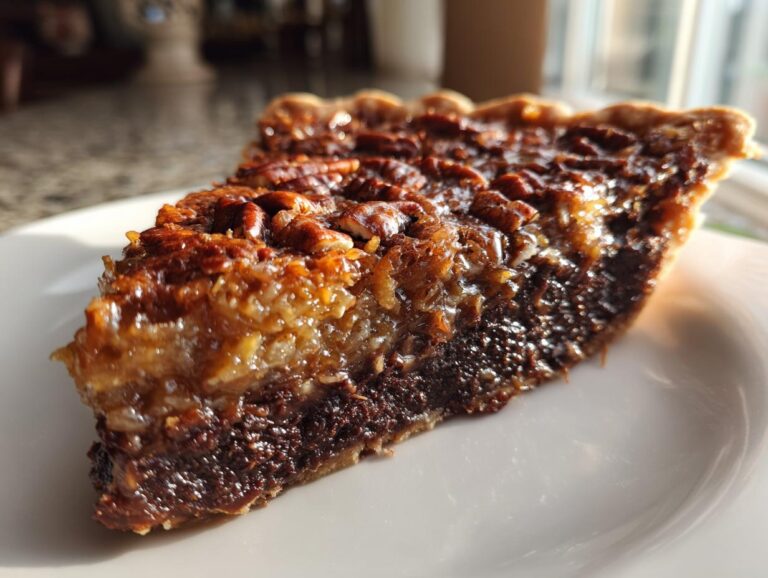 A close-up shot of a decadent slice of german chocolate pie showing the dark chocolate base and gooey pecan topping.
