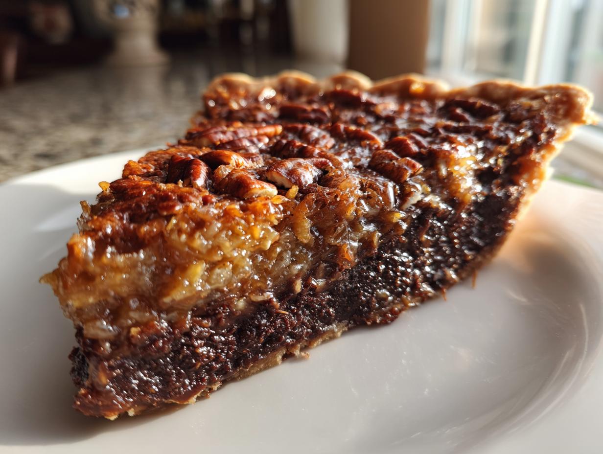 A close-up shot of a decadent slice of german chocolate pie showing the dark chocolate base and gooey pecan topping.