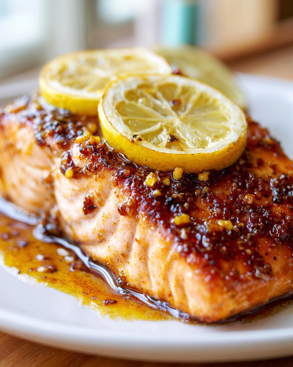 Close-up of a perfectly cooked baked salmon recipe fillet topped with a rich, dark glaze and two fresh lemon slices.