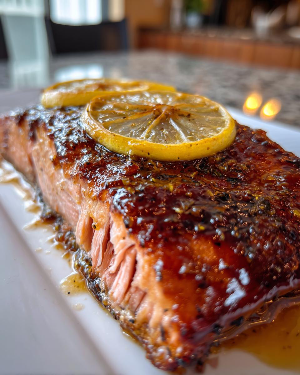 Close-up of a perfectly cooked baked salmon recipe fillet with a shiny glaze and two lemon slices on top.
