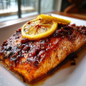 Close-up of a perfectly cooked baked salmon recipe fillet with a rich, dark glaze and two thin lemon slices on top.