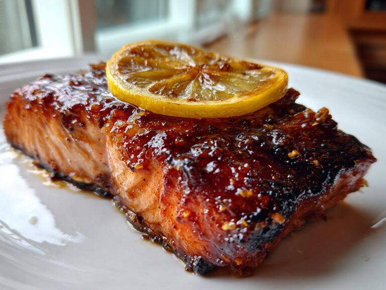 Close-up of a perfectly cooked, glazed baked salmon recipe fillet topped with a caramelized lemon slice.
