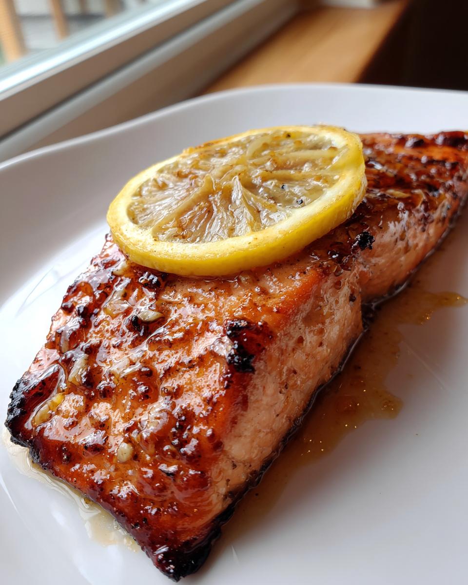 Close-up of a perfectly glazed baked salmon recipe fillet topped with a caramelized lemon slice.
