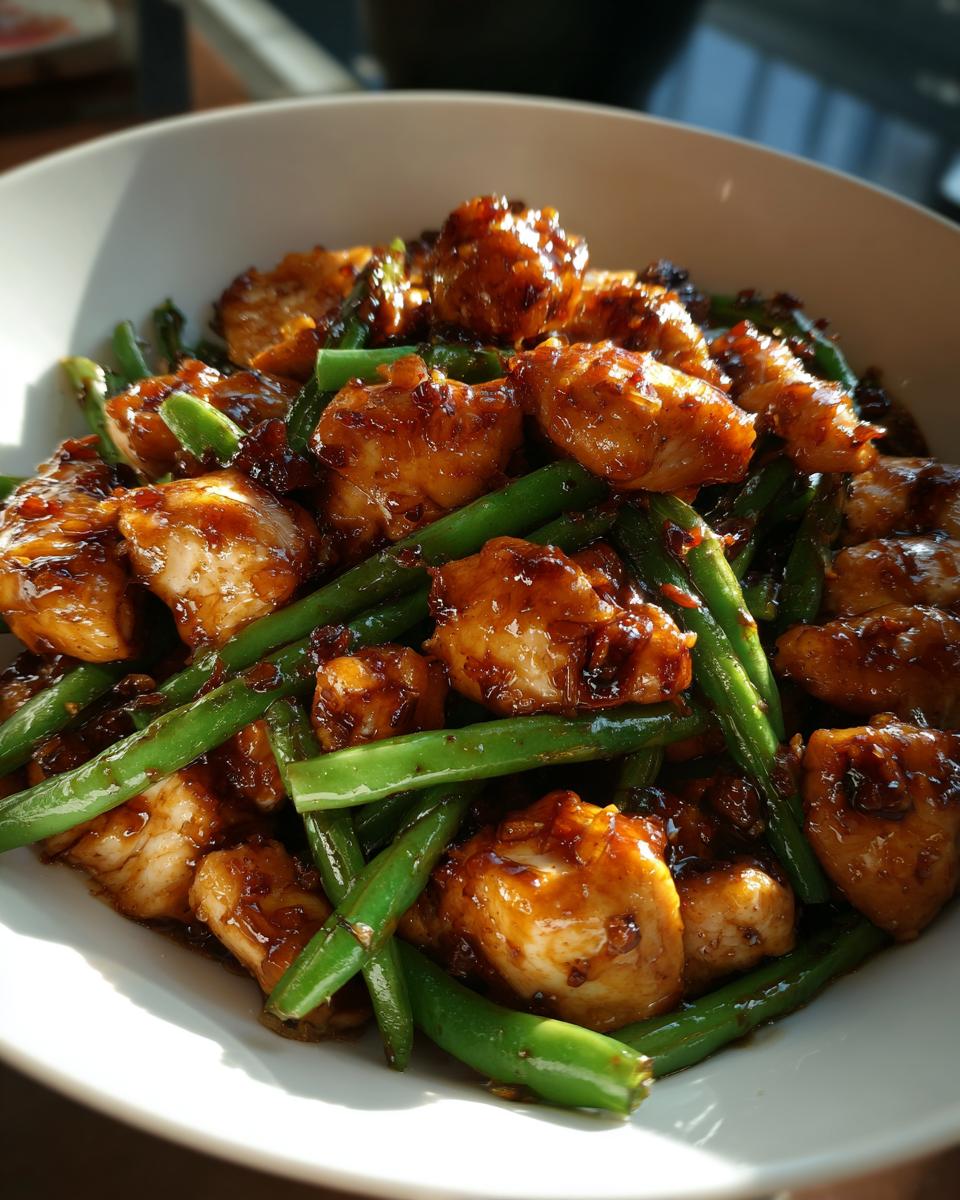 Close-up of glossy, saucy chicken and vibrant green beans in a white bowl, showcasing the chicken and green beans dish.