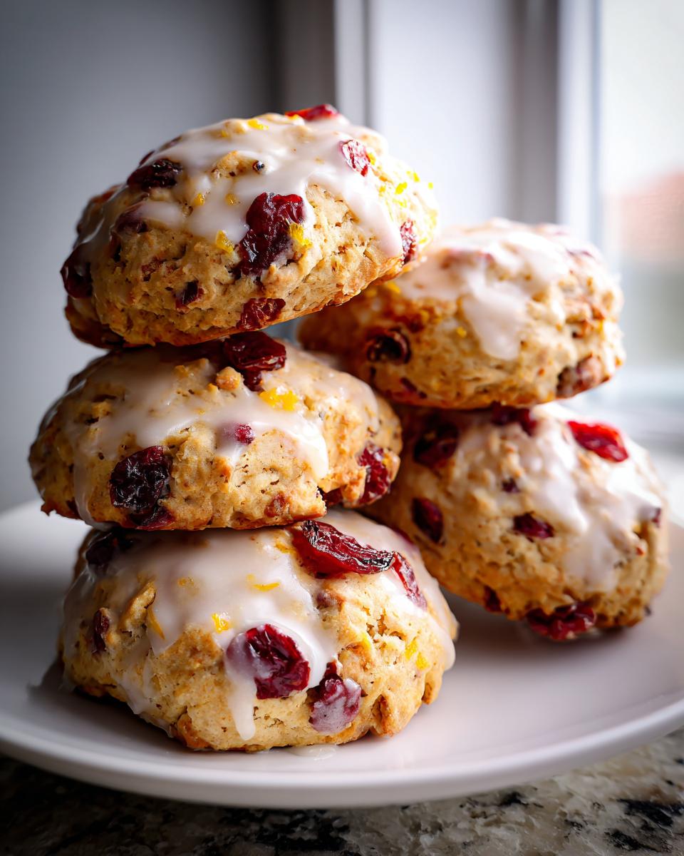 A stack of freshly baked cranberry orange cookies topped with a white glaze and visible dried cranberries.