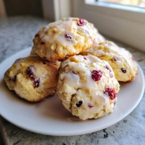 A stack of four delicious cranberry orange cookies topped with a thick white glaze, resting on a white plate.