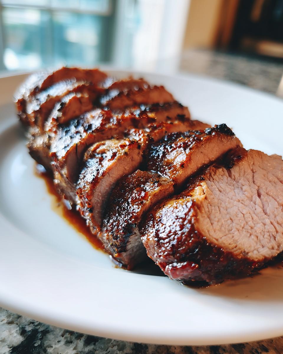 Close-up of a perfectly cooked and sliced pork tenderloin recipe, glistening with a dark glaze.
