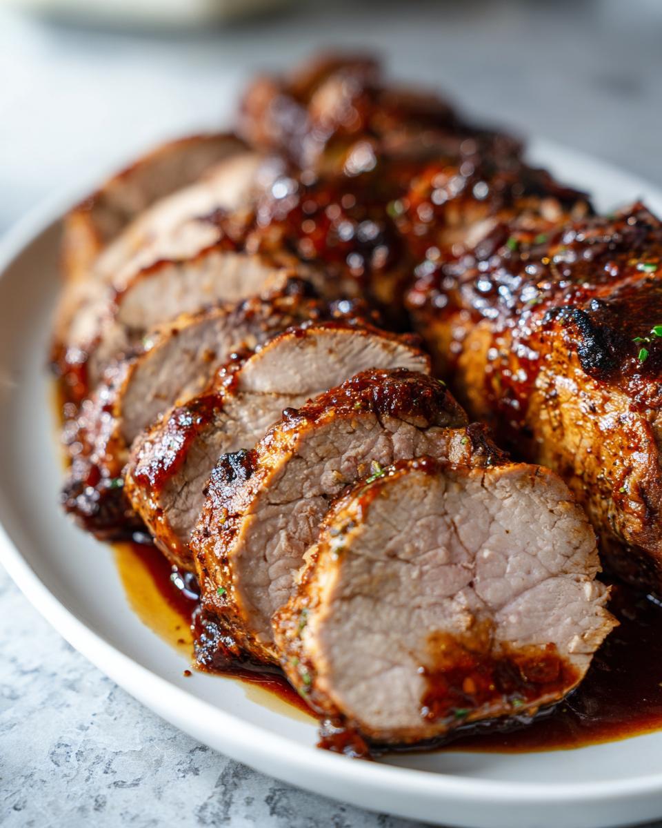 Close-up of a perfectly cooked and sliced pork tenderloin recipe covered in a rich, dark glaze.