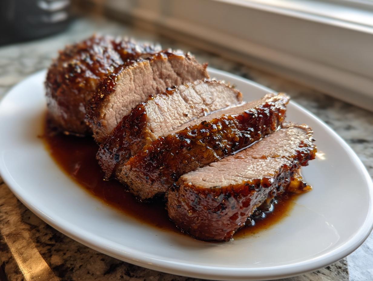 Close-up of a sliced pork tenderloin recipe coated in a rich, dark glaze, resting in its own juices.