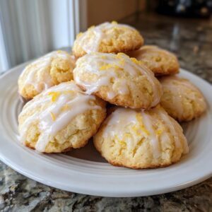 A stack of soft, glazed ricotta cookies topped with bright yellow lemon zest on a white plate.