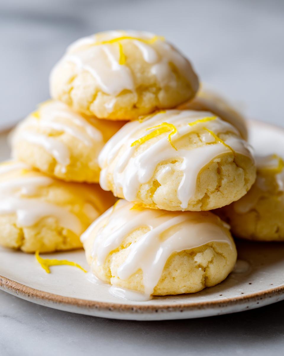 Close-up of soft, glazed ricotta cookies stacked on a plate, topped with lemon zest.