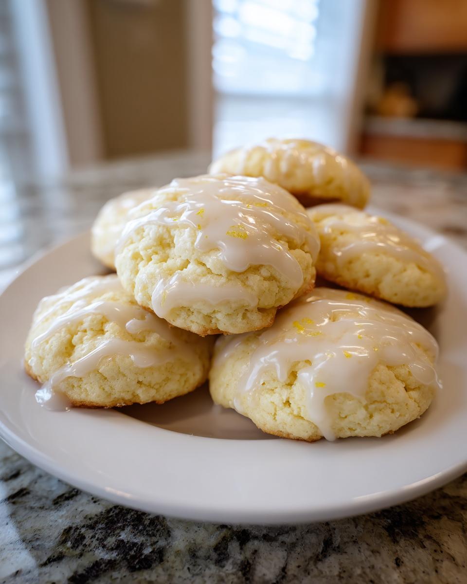 A small stack of soft, glazed ricotta cookies topped with lemon zest on a white plate.