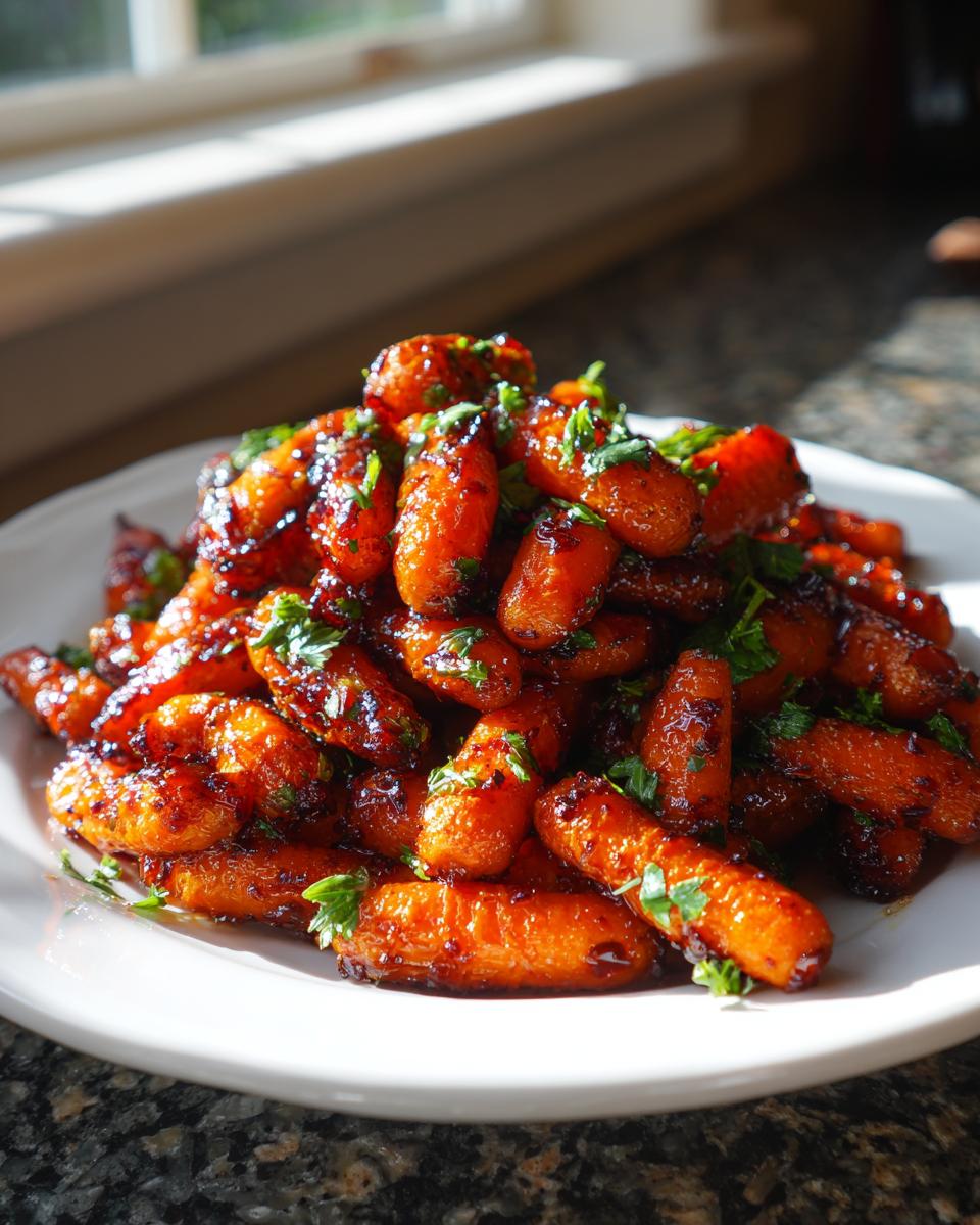 A plate piled high with glossy, glazed roasted baby carrots, sprinkled with fresh chopped parsley.