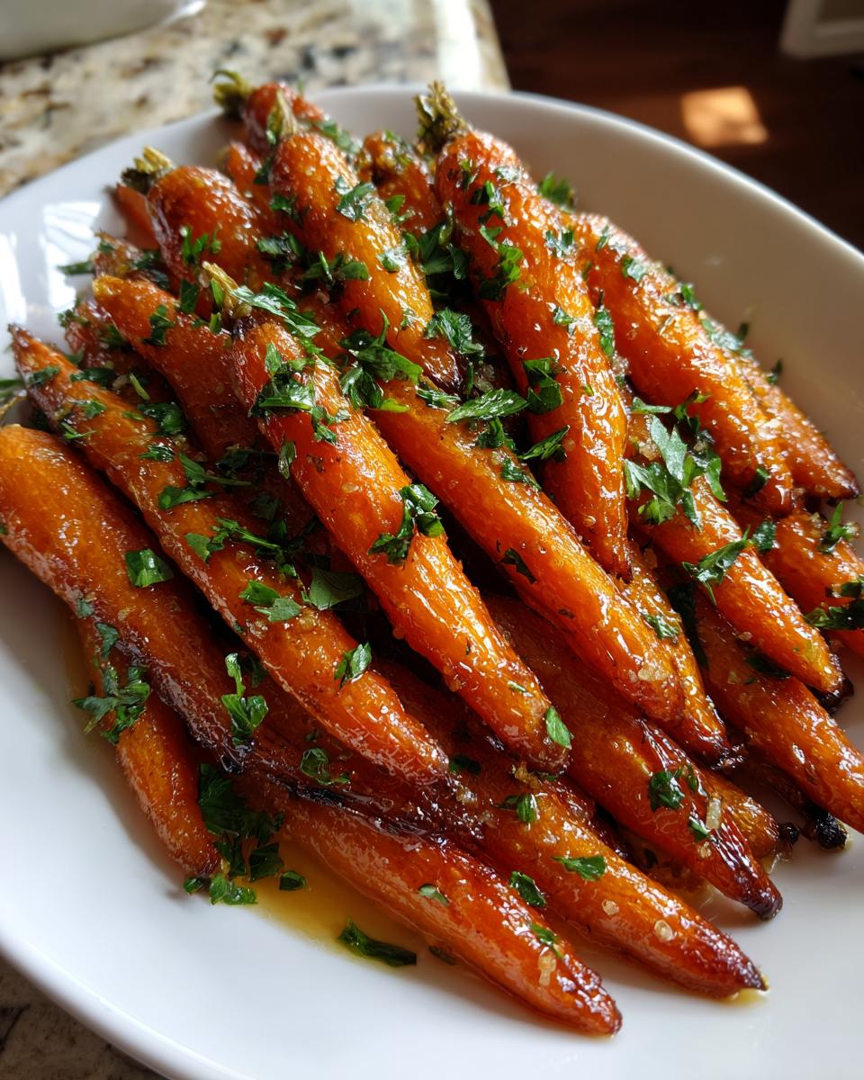 A white bowl filled with beautifully glazed roasted baby carrots, topped with fresh chopped parsley.