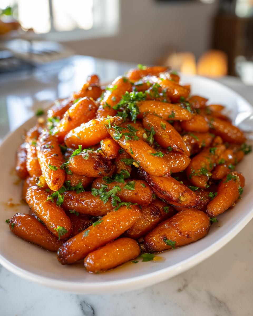 Close-up of a white platter filled with glossy, glazed roasted baby carrots, topped with fresh chopped parsley.
