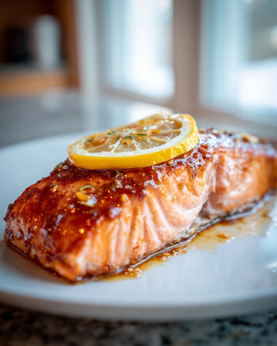 Close-up of a perfectly cooked, glazed salmon fillet topped with a fresh lemon slice, part of a baked salmon recipe.