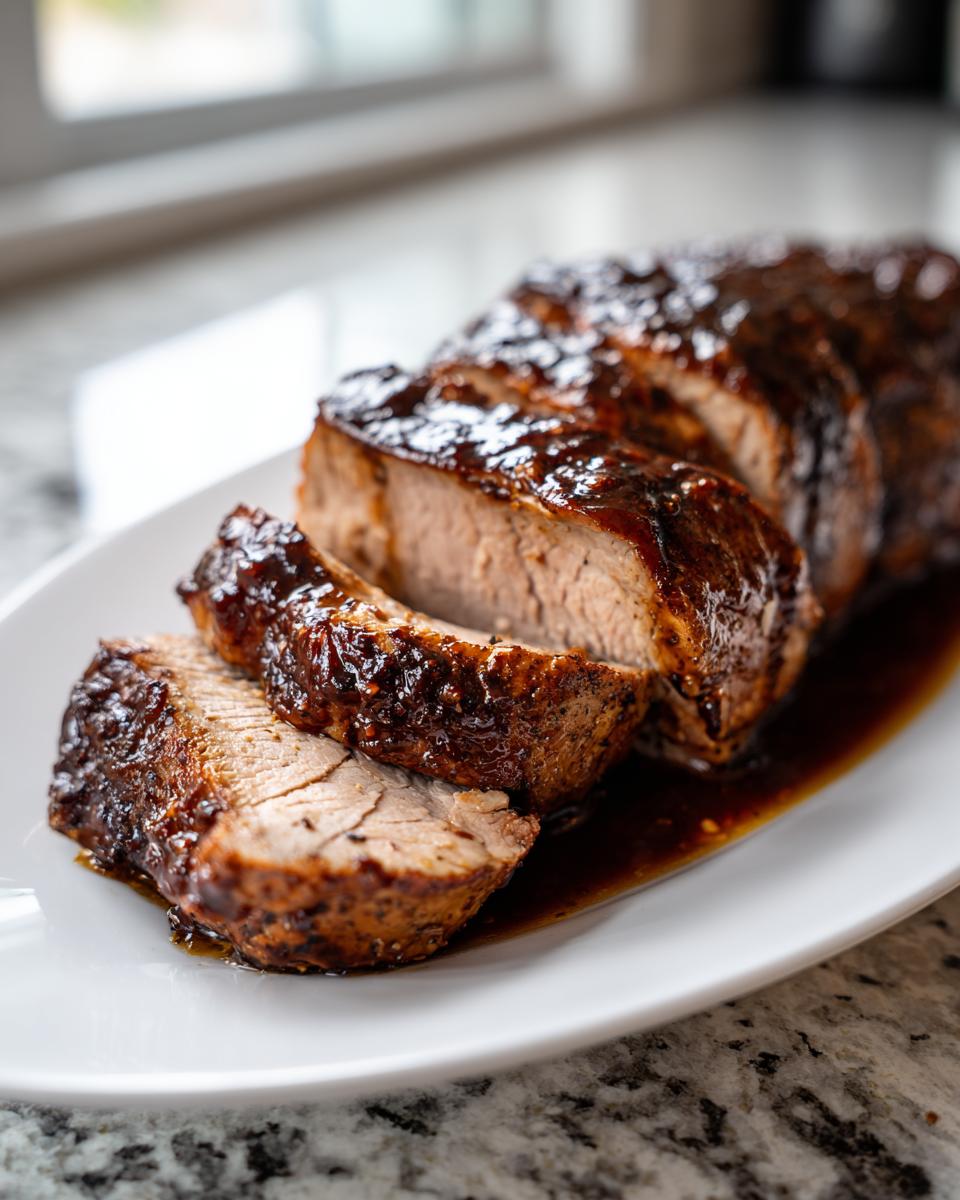 A sliced, glazed pork tenderloin recipe served on a white platter with rich brown sauce.