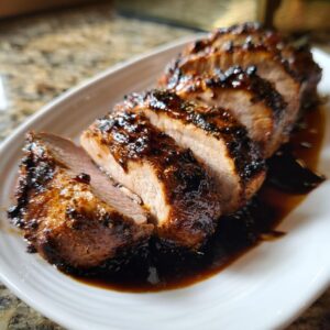 Close-up of a perfectly cooked and sliced pork tenderloin recipe covered in a dark, shiny glaze, resting in its sauce.