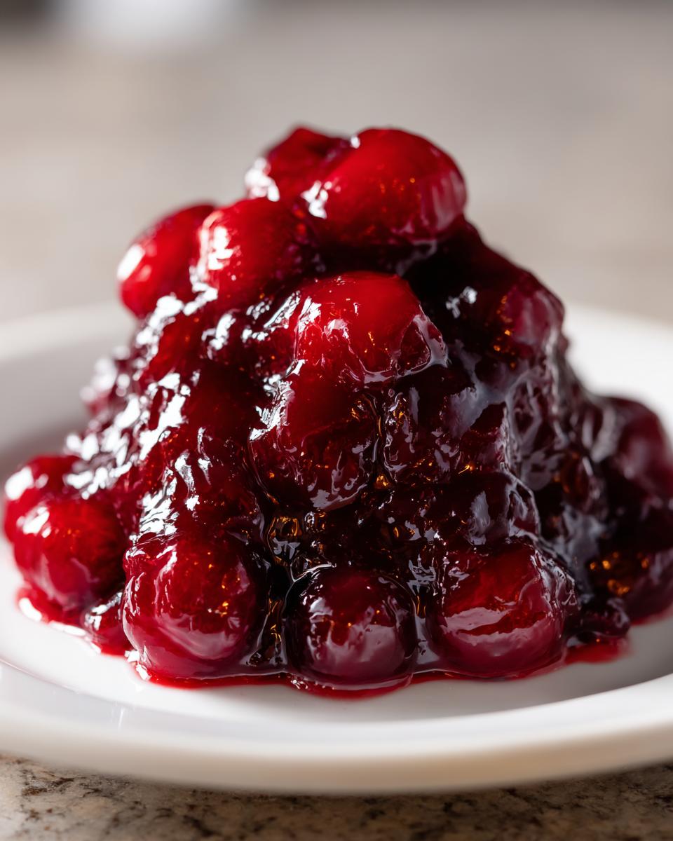 Close-up of a mound of glistening, thick cherry pie filling with whole, bright red cherries.
