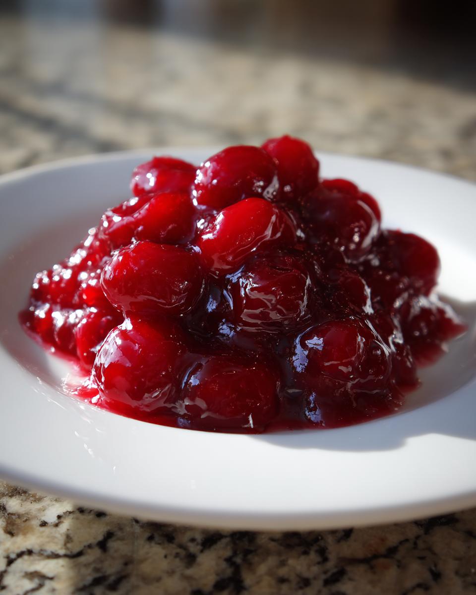 Close-up of glossy, rich red cherry pie filling piled high on a white dish.