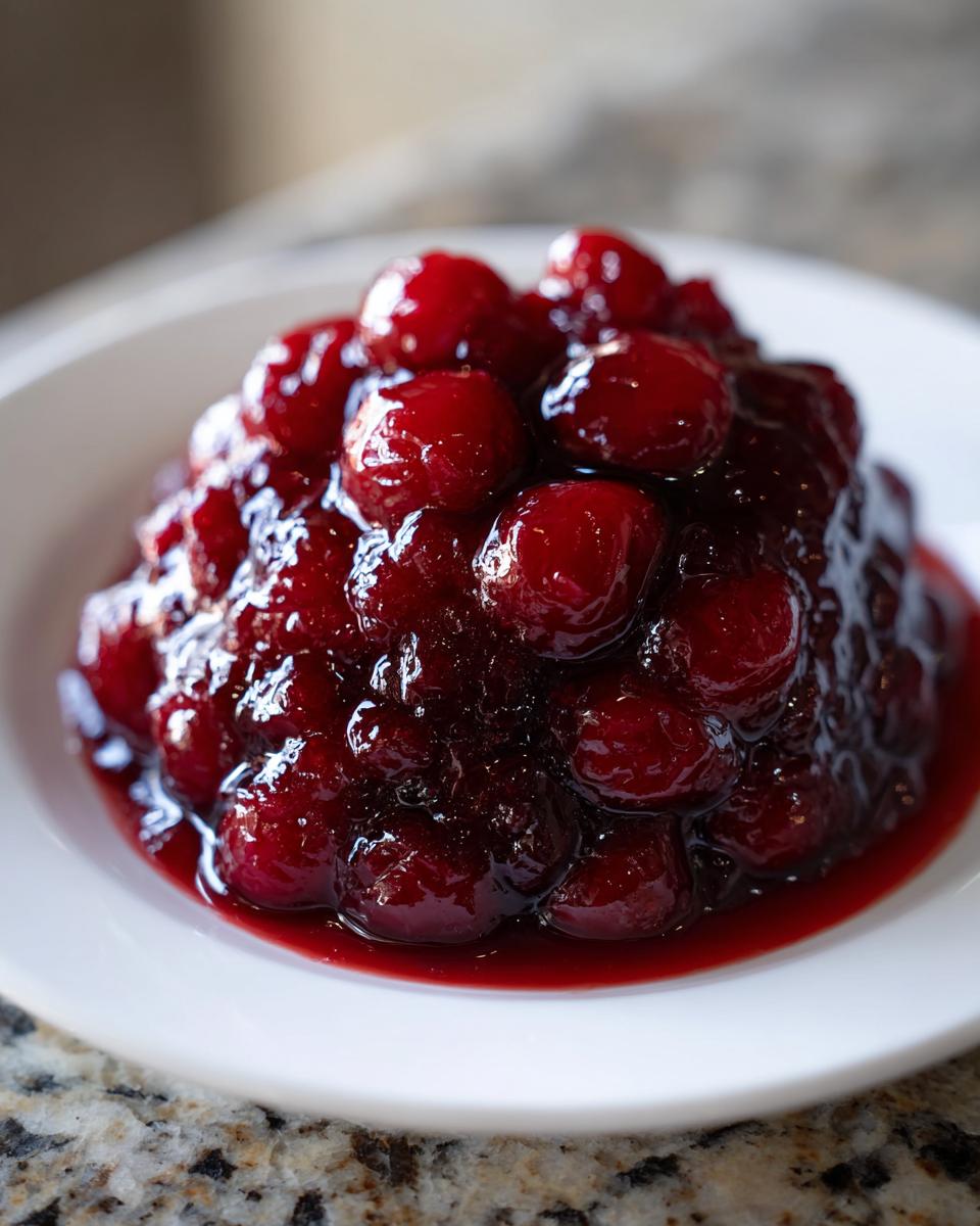 A close-up of a mound of glossy, dark red cherry pie filling served in a small white bowl.