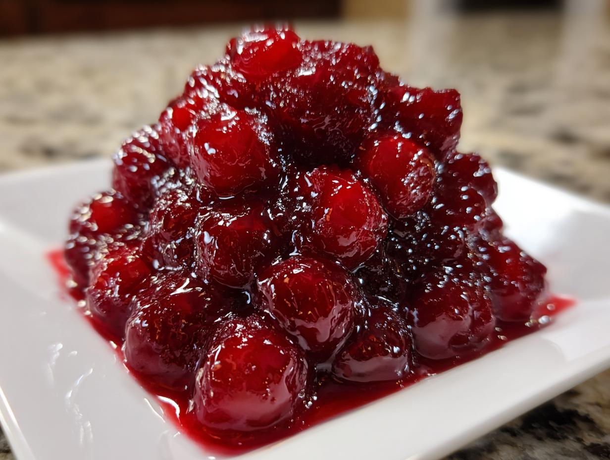 Close-up of a mound of glossy, deep red homemade cherry pie filling served on a white square plate.